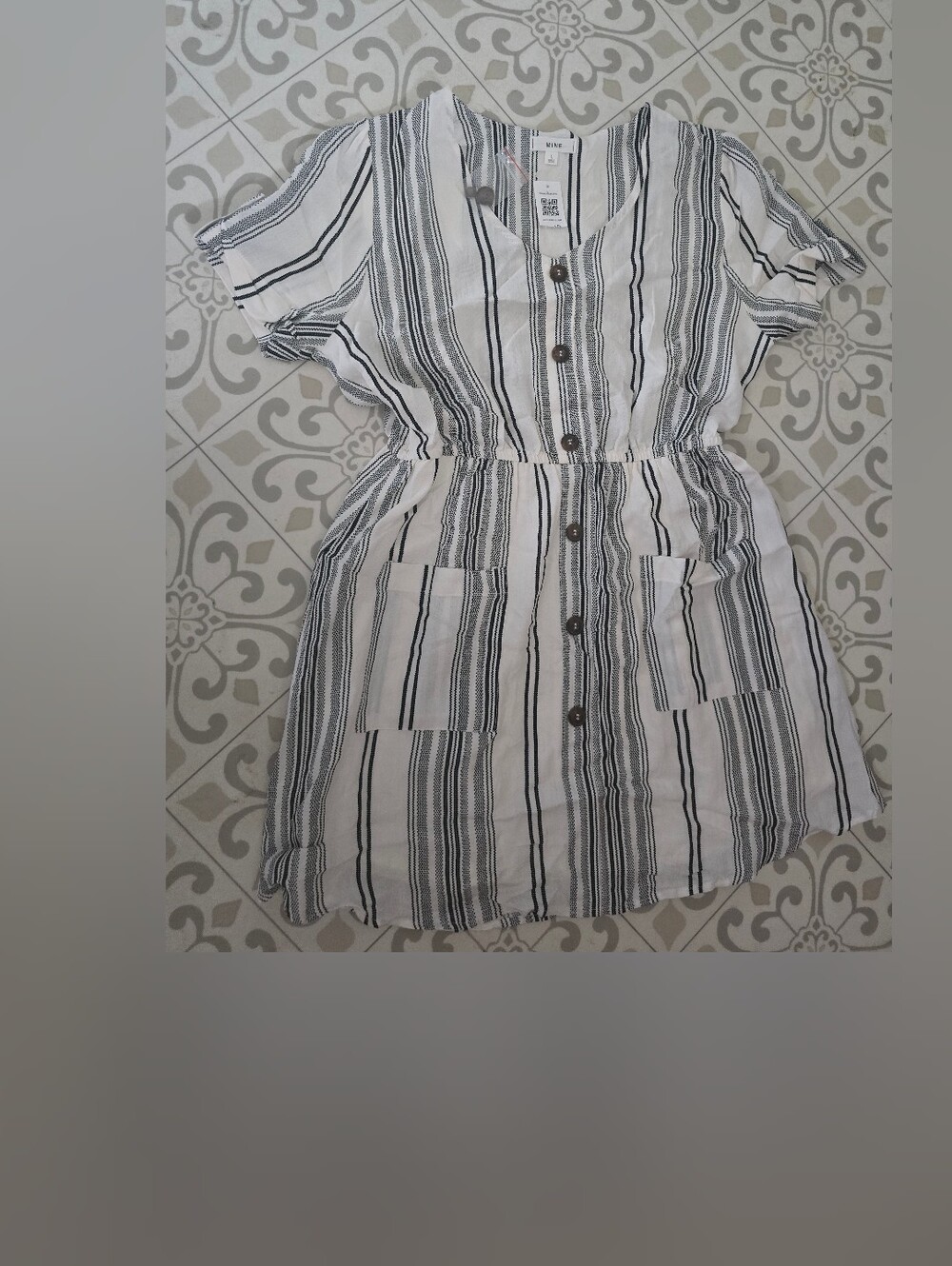MINE Women's Size Large White & Black Striped Stretchy Waist Lined Dress! NWT